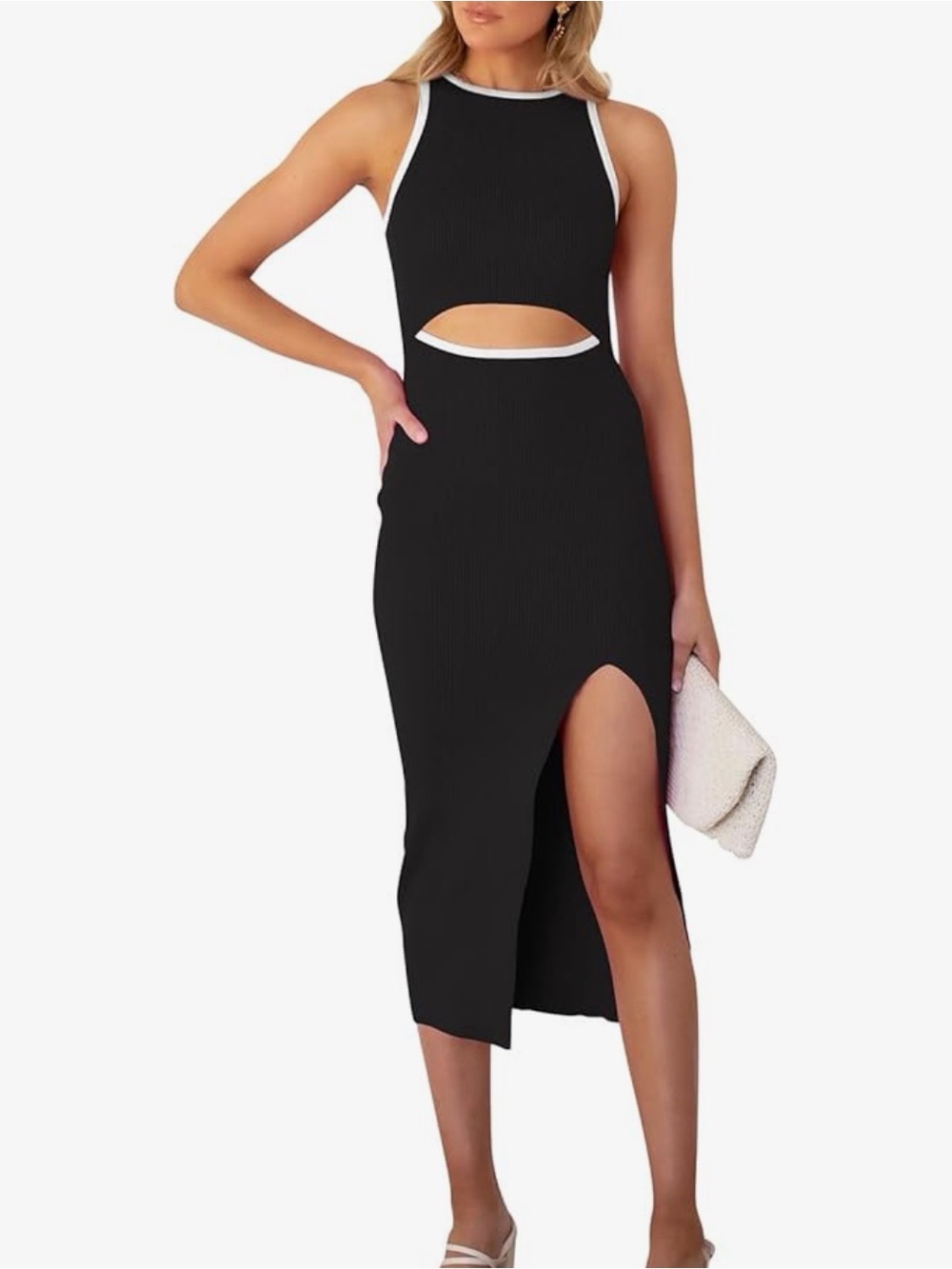 Black Midi Dress with White Trim and Front Cutout